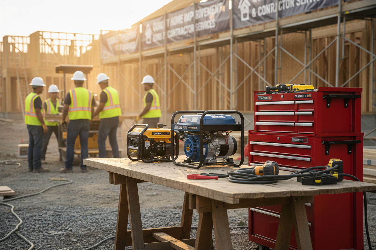 Crewmen at job site wearing hard hates in the background. A focused table with power generators on top and red professional grade toolboxes are next to it.